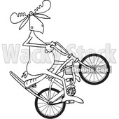 Clipart of a Cartoon Black and White Lineart Moose Popping a Wheelie on a Stingray Bicycle - Royalty Free Vector Illustration © djart #1409543
