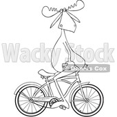 Cartoon Clipart of a Black and White Lineart Moose Sitting on Handelbars and Riding a Bicycle Backwards - Royalty Free Vector Illustration © djart #1409762