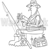 Clipart of a Cartoon Black and White Lineart Fisherman Putting a Worm on a Hook - Royalty Free Vector Illustration © djart #1411219