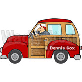 Clipart of a Cartoon Caucasian Man Driving a Red Woody Car - Royalty Free Vector Illustration © djart #1416179
