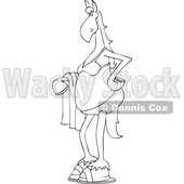Clipart of a Cartoon Black and White Lineart Horse Wearing a Bikini and Holding a Towel - Royalty Free Vector Illustration © djart #1417658