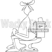 Clipart of a Cartoon Black and White Lineart Moose Sitting Cross Legged on a Toilet - Royalty Free Vector Illustration © djart #1417662