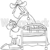 Clipart of a Cartoon Black and White Lineart Sleepy Moose Setting His Alarm Clock and Sitting on a Bed - Royalty Free Vector Illustration © djart #1418864
