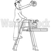 Clipart of a Cartoon Black and White Lineart Maintenance Worker Man on a Ladder, Installing a Smoke Detector - Royalty Free Vector Illustration © djart #1418879