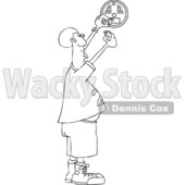 Clipart of a Cartoon Black and White Lineart Chubby African Man Putting a New Battery in a Smoke Detector - Royalty Free Vector Illustration © djart #1419197