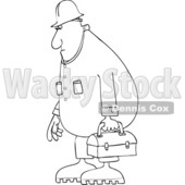 Clipart of a Cartoon Black and White Lineart Chubby Male Worker Wearing Coveralls and Carrying a Lunch Box - Royalty Free Vector Illustration © djart #1419202