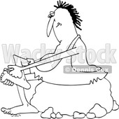 Clipart of a Cartoon Black and White Lineart Chubby Caveman Sitting on a Boulder and Clipping His Toe Nails - Royalty Free Vector Illustration © djart #1419360