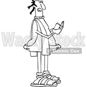 Clipart of a Cartoon Black and White Lineart Caveman Priest Reading from a Bible - Royalty Free Vector Illustration © djart #1421233