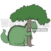 Big Green Dinosaur Hugging and Hiding Behind a Tree in Fear Clipart Illustration © djart #14241