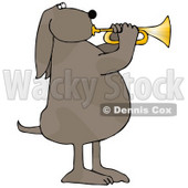 Musical Brown Spotted Dog Standing on His Hind Legs and Blowing While Playing a Golden Trumpet Clipart Picture © djart #14246
