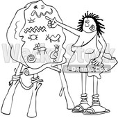 Clipart of a Cartoon Black and White Lineart Cave Woman Teacher Pointing to a Boulder with Drawings - Royalty Free Vector Illustration © djart #1425407