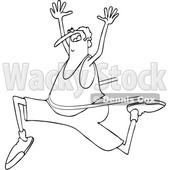 Clipart of a Cartoon Black and White Lineart Chubby Man Running and Breaking Through a Finish Line - Royalty Free Vector Illustration © djart #1427484