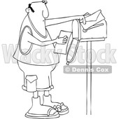 Clipart of a Cartoon Black and White Lineart Chubby Man Reading a Letter at His Mailbox - Royalty Free Vector Illustration © djart #1427865