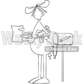 Clipart of a Cartoon Black and White Lineart Moose Opening a Letter by a Mailbox - Royalty Free Vector Illustration © djart #1427867