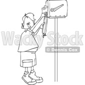 Clipart of a Cartoon Black and White Lineart Boy Getting Letters from a Mailbox - Royalty Free Vector Illustration © djart #1431317