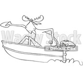 Clipart of a Cartoon Black and White Lineart Moose in a Speed Boat - Royalty Free Vector Illustration © djart #1432824