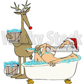 Clipart of a Cartoon Reindeer Holding a Bucket and Watching Santa Claus Washing up in a Bubble Bath - Royalty Free Vector Illustration © djart #1433906