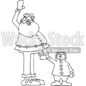 Clipart of a Cartoon Black and White Lineart Christmas Santa Claus Holding a Boy's Hand and Waving - Royalty Free Vector Illustration © djart #1434248