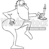 Clipart of a Cartoon Black and White Lineart Christmas Santa Claus Tip Toeing in His Pajamas, Holding a Candlestick - Royalty Free Vector Illustration © djart #1434251
