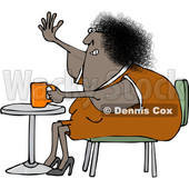 Clipart of a Cartoon Chubby Black Woman Sitting with Coffee at a Table and Waving with a Flabby Arm - Royalty Free Vector Illustration © djart #1441012