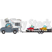 Clipart of a Cartoon Caucasian Man Driving a Truck and Camper and Towing Snowmbiles on a Trailer - Royalty Free Vector Illustration © djart #1443242