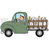 Clipart of a Cartoon White Man Driving a Green Pickup Truck and Hauling Turkeys - Royalty Free Vector Illustration © djart #1443264