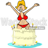 Clipart of a Cartoon Blond White Woman in a Bikini, Popping out of a Birthday Cake - Royalty Free Vector Illustration © djart #1444944