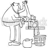 Clipart of a Cartoon Black and White Lineart Chubby Man Doing Laundry - Royalty Free Vector Illustration © djart #1446751