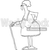Clipart of a Cartoon Black and White Lineart Old Lady Standing with a Cane, Holding Her Back - Royalty Free Vector Illustration © djart #1446906
