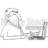 Clipart of a Cartoon Black and White Lineart Business Man Typing on a Laptop Computer - Royalty Free Vector Illustration © djart #1448292