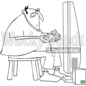 Clipart of a Cartoon Black and White Lineart Chubby Man Playing Video Games - Royalty Free Vector Illustration © djart #1448469