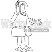 Clipart of a Cartoon Black and White Lineart Man Talking Through a Shoe As if It Were a Telephone - Royalty Free Vector Illustration © djart #1448470