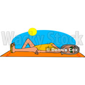 Clipart Graphic of a Cartoon Cartoon Happy White Woman Sun Bathing on a Beach Towel - Royalty Free Vector Illustration © djart #1451486