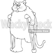 Clipart of a Cartoon Black and White Lineart Chubby 3 Legged Cat Using Crutches - Royalty Free Vector Illustration © djart #1452484