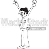 Clipart of a Cartoon Black and White Lineart Hispanic Business Man Holding up Cash Money - Royalty Free Vector Illustration © djart #1454119