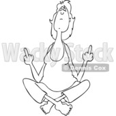 Clipart Graphic of a Cartoon Black and White Lineart Woman in the Lotus Meditation Pose, Holding up Two Middle Fingers - Royalty Free Vector Illustration © djart #1454434