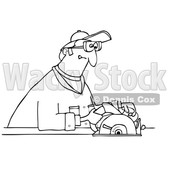 Clipart Graphic of a Cartoon Black and White Lineart Man Using a Circular Saw - Royalty Free Vector Illustration © djart #1454435