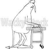 Clipart of a Cartoon Black and White Old Devil Using a Walker - Royalty Free Vector Illustration © djart #1455434