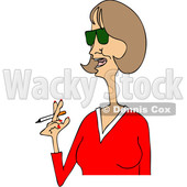 Clipart of a Cartoon Middle Aged Woman in a Red V Neck Shirt, Smoking a Cigarette - Royalty Free Vector Illustration © djart #1455655