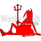 Clipart of a Chubby Red Devil Sitting on the Ground with a Pitchfork - Royalty Free Vector Illustration © djart #1457289