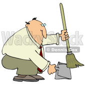 Chubby And Balding Businessman In A Tan Suit, Crouching And Using A Broom To Sweep Up Dirt In A Dustpan Clipart Illustration © djart #14588