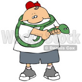 Brave Boy Holding a Long Green Snake That is Coiled Around His Shoulders Clipart Illustration © djart #14593