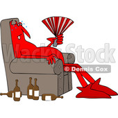 Clipart of a Cartoon Hot Chubby Red Devil Sitting in a Chair with a Fan and Bottles on the Floor - Royalty Free Vector Illustration © djart #1461325