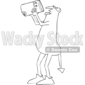 Clipart of a Thirsty Chubby Devil Drinking from a Water Cooler in Black and White - Royalty Free Vector Illustration © djart #1462466