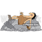 Clipart of a Cartoon Crossfaded Caveman Smoking a Joint and Holding a Bottle of Alcohol While Resting on a Boulder - Royalty Free Vector Illustration © djart #1465088