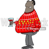 Clipart of a Cartoon Black Man in an Ugly Christmas Sweater, Holding a Glass of Wine - Royalty Free Vector Illustration © djart #1514886