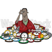 Clipart of a Confused Black Man in a Pile of Clocks - Royalty Free Vector Illustration © djart #1514889