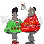 Clipart of a Cartoon Black Couple Under Mistletoe at a Christmas Party - Royalty Free Vector Illustration © djart #1515107