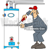 Clipart of a Male Plumber Tightening a Strap Around a Water Heater - Royalty Free Vector Illustration © djart #1529992