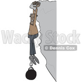 Clipart of a Cartoon Black Man Hanging from a Cliff with a Ball and Chain Attached to His Ankle - Royalty Free Vector Illustration © djart #1530800